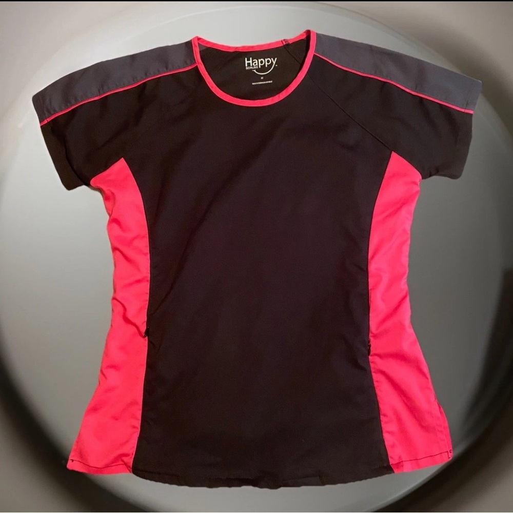Happy Scrub Top Women’s Gray Black Pink Zip Side Pockets Size Medium Round Neck